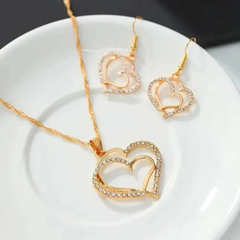 Heart Shaped Jewelry 3 Pcs Set Set of Earrings Pendant Necklace for Women Exquisite Fashion Rhinestone Double Heart Jewelry Set