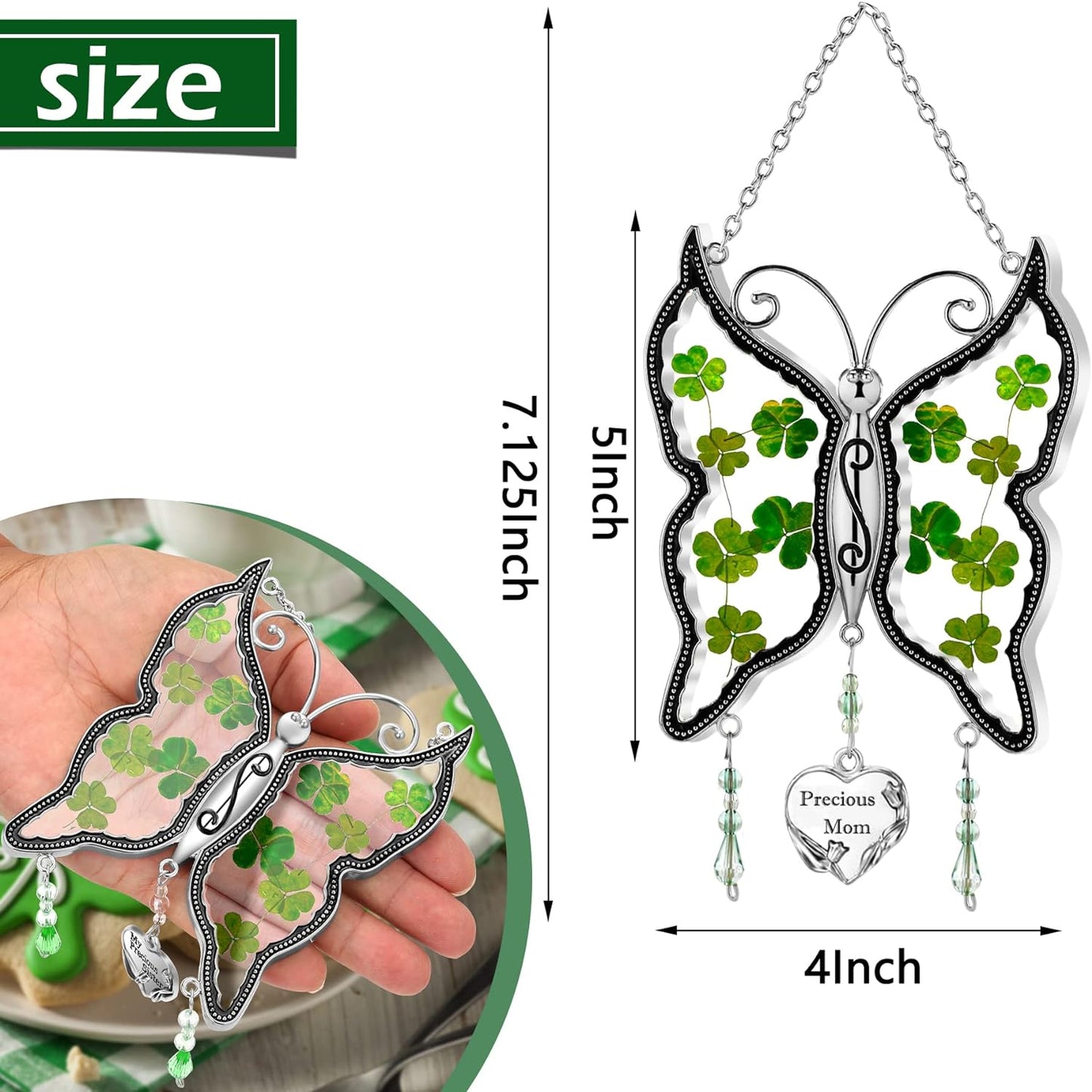 Shamrock Mom Irish Celtic Butterfly Suncatchers Wind Chime for Windows Ornament, Real Flower Wings Charm with Metal St Patrick'S Day Mother`S Valentine'S Birthday Christmas Hangings Gift