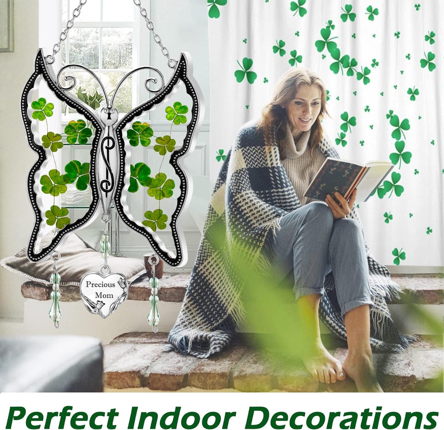 Shamrock Mom Irish Celtic Butterfly Suncatchers Wind Chime for Windows Ornament, Real Flower Wings Charm with Metal St Patrick'S Day Mother`S Valentine'S Birthday Christmas Hangings Gift