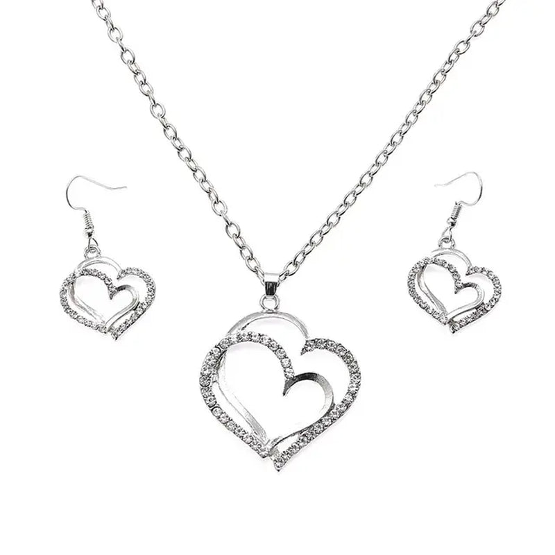 Heart Shaped Jewelry 3 Pcs Set Set of Earrings Pendant Necklace for Women Exquisite Fashion Rhinestone Double Heart Jewelry Set