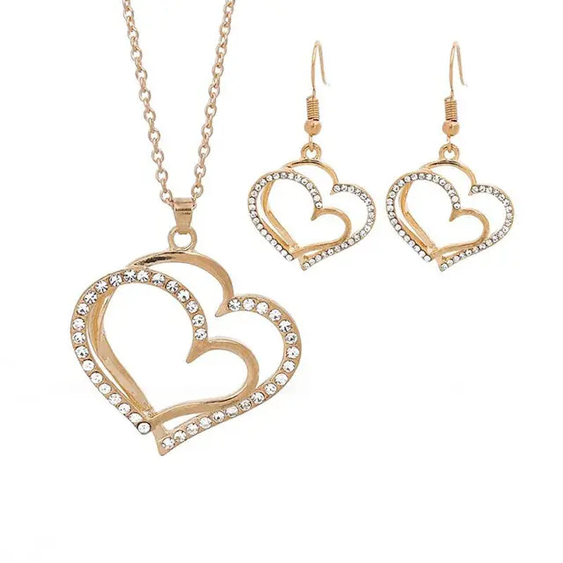 Heart Shaped Jewelry 3 Pcs Set Set of Earrings Pendant Necklace for Women Exquisite Fashion Rhinestone Double Heart Jewelry Set