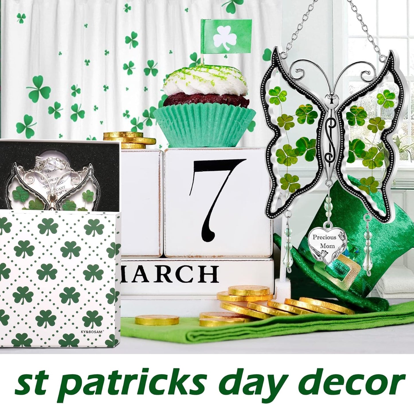 Shamrock Mom Irish Celtic Butterfly Suncatchers Wind Chime for Windows Ornament, Real Flower Wings Charm with Metal St Patrick'S Day Mother`S Valentine'S Birthday Christmas Hangings Gift