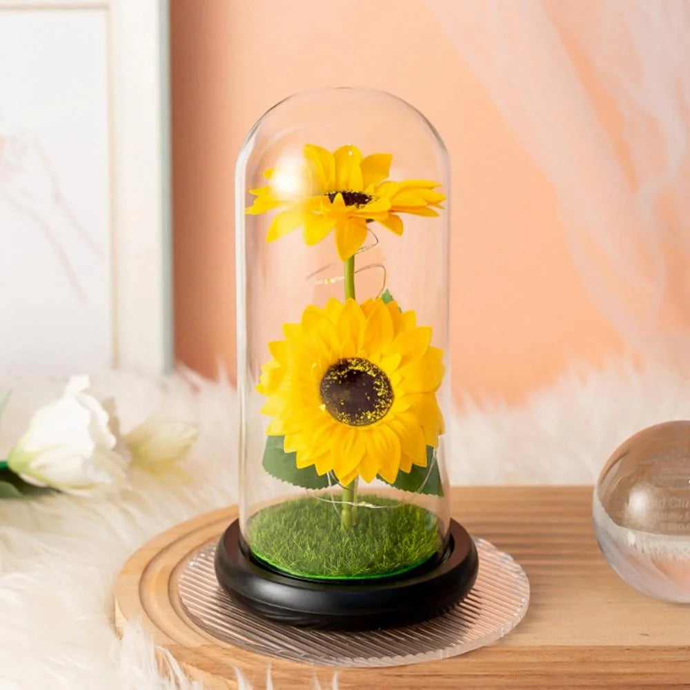Sunflowers Artificial Flowers in Glass Dome LED Light Gifts for Xmas,Valentine Day,Wedding,Mothers Day,Anniversary,Birthday