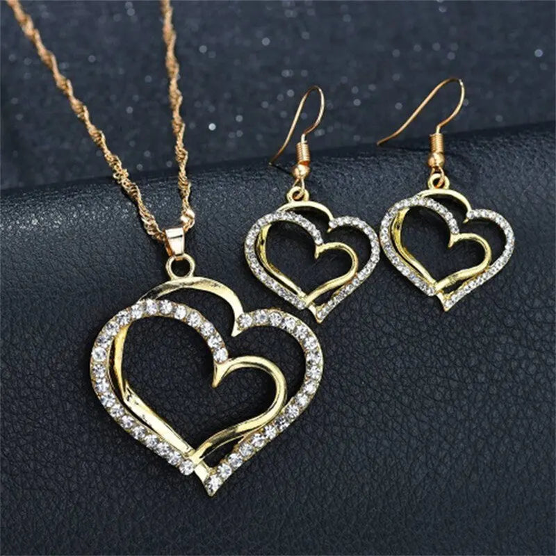 Heart Shaped Jewelry 3 Pcs Set Set of Earrings Pendant Necklace for Women Exquisite Fashion Rhinestone Double Heart Jewelry Set