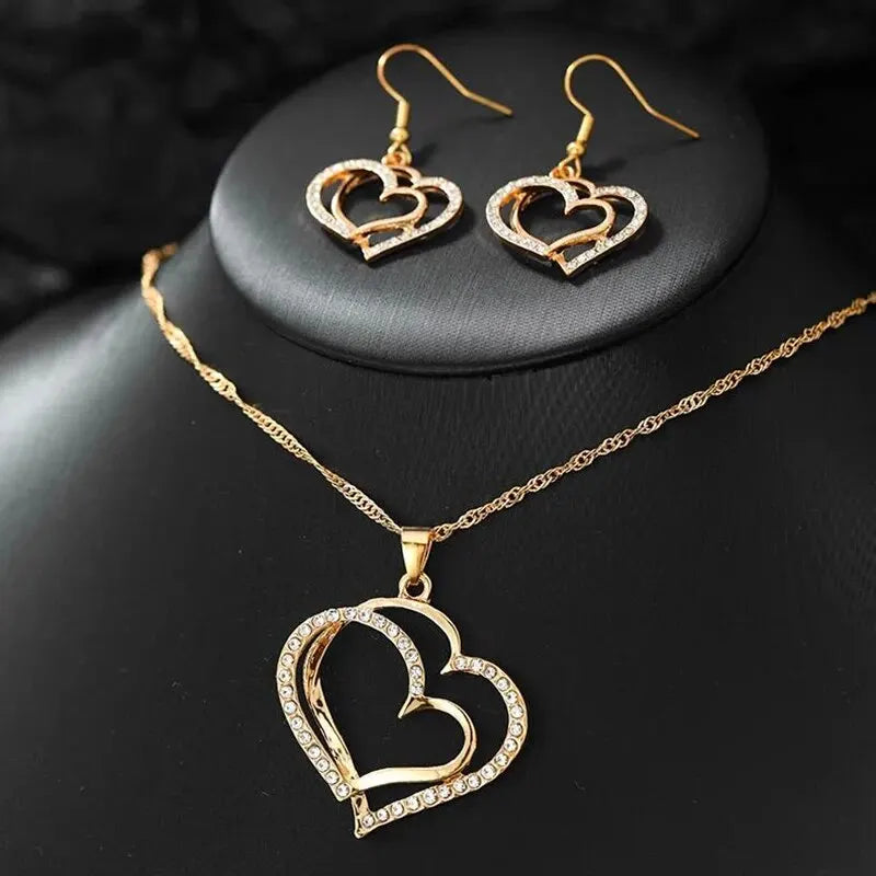 Heart Shaped Jewelry 3 Pcs Set Set of Earrings Pendant Necklace for Women Exquisite Fashion Rhinestone Double Heart Jewelry Set