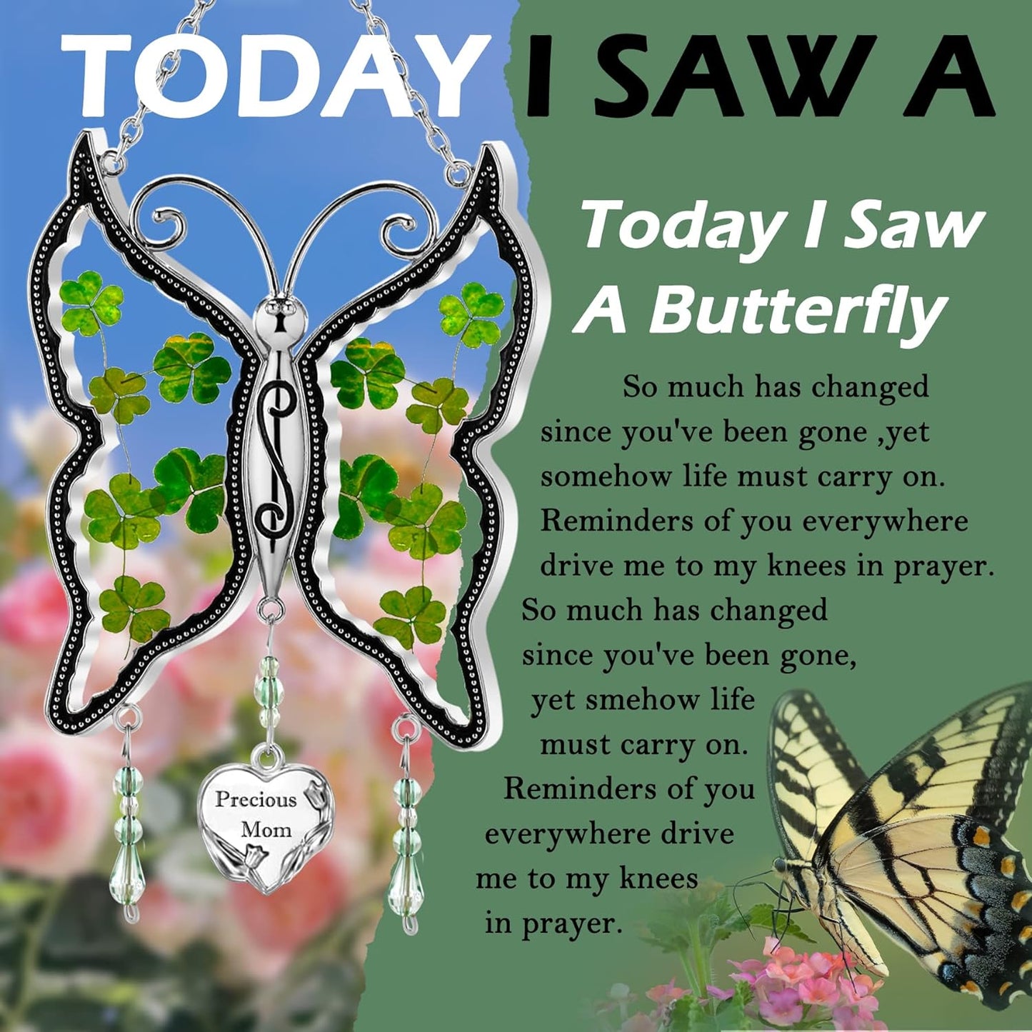 Shamrock Mom Irish Celtic Butterfly Suncatchers Wind Chime for Windows Ornament, Real Flower Wings Charm with Metal St Patrick'S Day Mother`S Valentine'S Birthday Christmas Hangings Gift