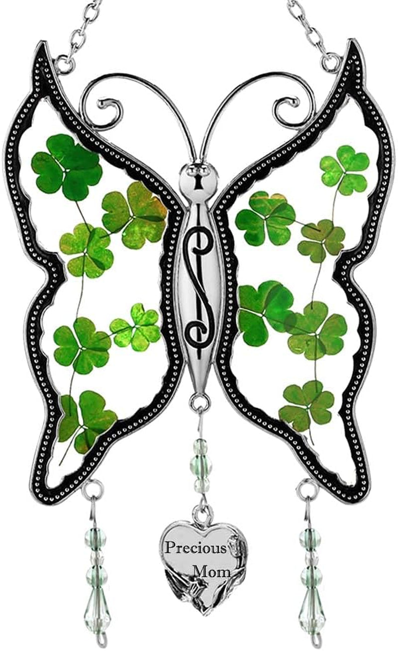 Shamrock Mom Irish Celtic Butterfly Suncatchers Wind Chime for Windows Ornament, Real Flower Wings Charm with Metal St Patrick'S Day Mother`S Valentine'S Birthday Christmas Hangings Gift