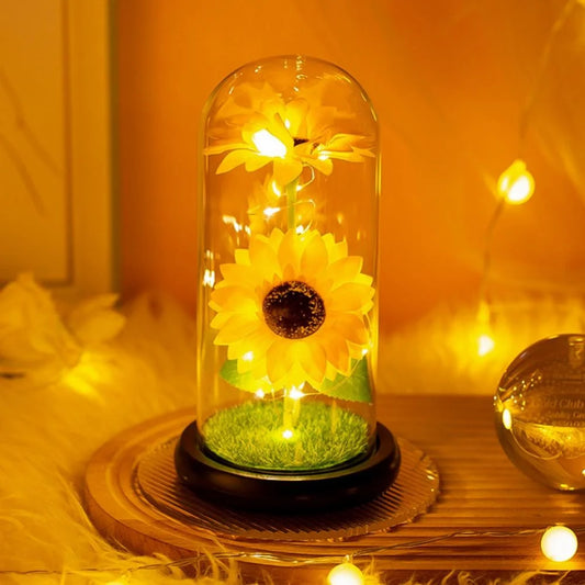 Sunflowers Artificial Flowers in Glass Dome LED Light Gifts for Xmas,Valentine Day,Wedding,Mothers Day,Anniversary,Birthday