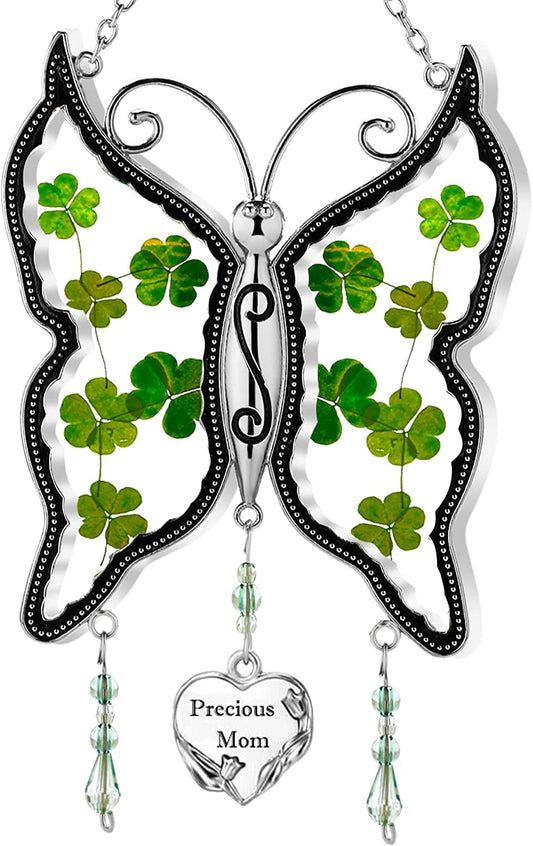 Shamrock Mom Irish Celtic Butterfly Suncatchers Wind Chime for Windows Ornament, Real Flower Wings Charm with Metal St Patrick'S Day Mother`S Valentine'S Birthday Christmas Hangings Gift