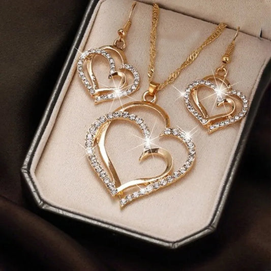 Heart Shaped Jewelry 3 Pcs Set Set of Earrings Pendant Necklace for Women Exquisite Fashion Rhinestone Double Heart Jewelry Set