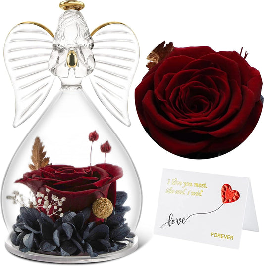 Mom Gifts for Mothers Day Rose Flower in Glass Angel Figurines Gifts for Women Grandma Mom, Guardian Angel with Preserved Forever Real Rose Gifts for Valentine Day Mothers Day